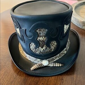 Black Leather Top Hat with Authentic Snakeskin Accents
